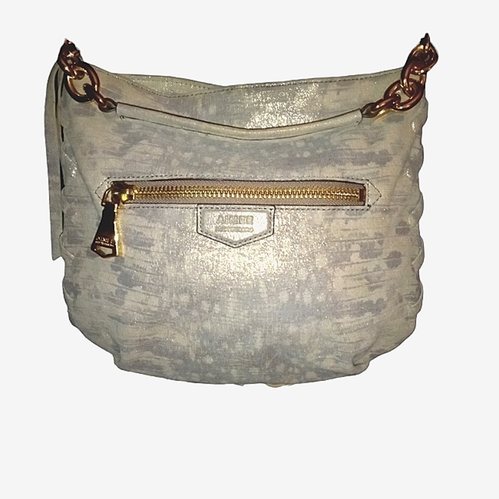 Aimee Kestenberg Grey Metallic Leather Lizard Embossed Crossbody Bag